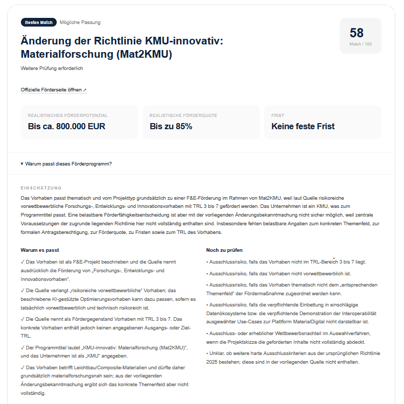 Beispiel eines ClausiusAI-Programmvorschlags: Match-Score, realistisches Förderpotenzial, Förderquote, Frist und eine Einschätzung, warum das Programm passt.